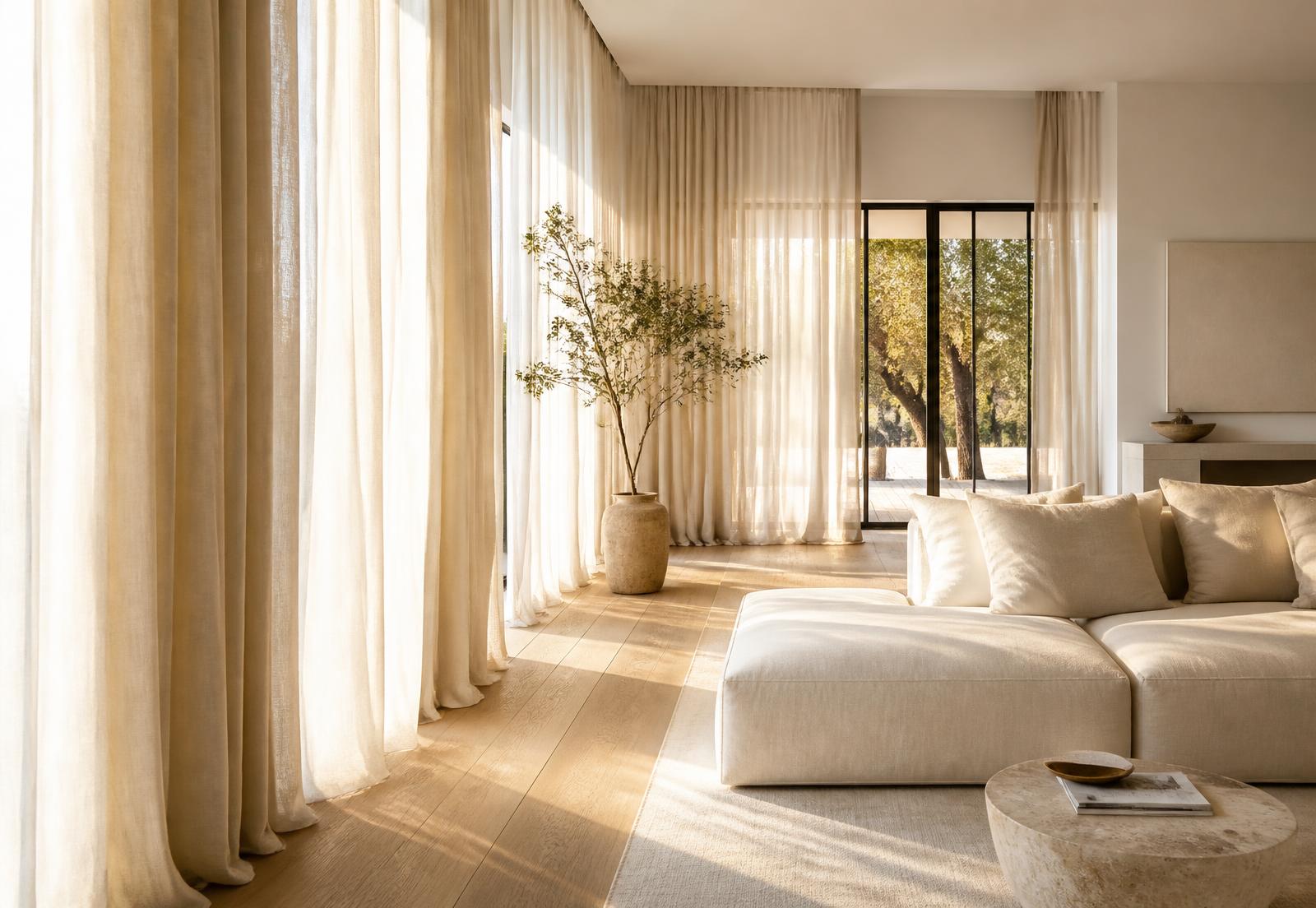 Floor-to-ceiling ivory linen curtains in a sunlit living room